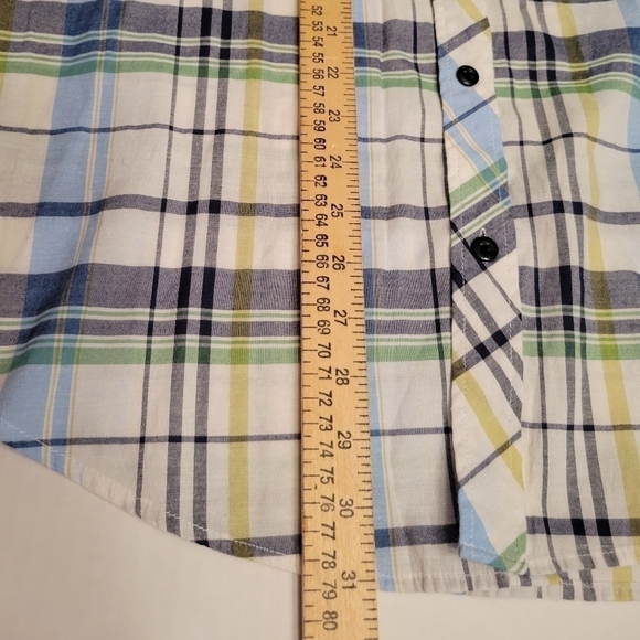 American Fusion Gear Mens Large Short Sleeve Shirt Blue Green Plaid Button Up - Picture 2 of 5
